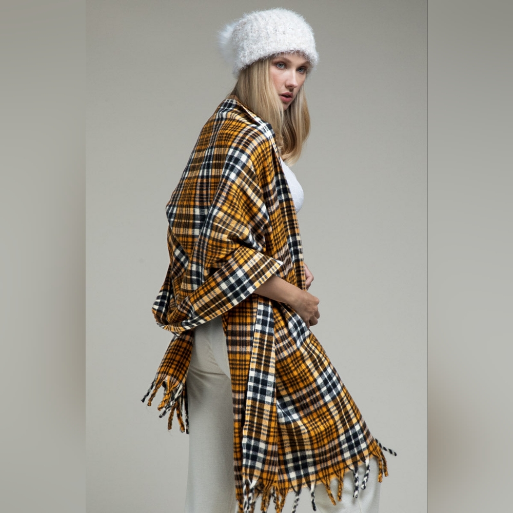 Vintage Cashmere Inspired Plaid Long Scarf w Twisted Fringe Accent